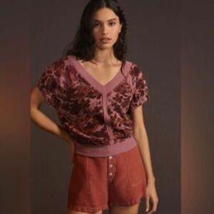 Anthropologie Berry color short 
Sleeve Terry Sweasthirt V-Neck Floral print.